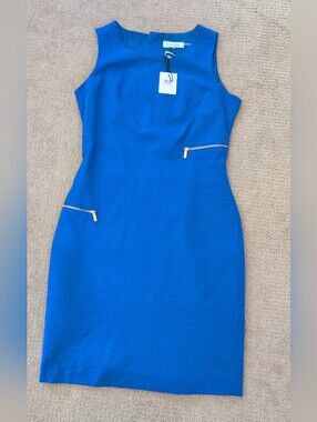 Calvin Klein Gold Hardware Zipper Detail Sleevless Blue Cocktail Sheath Dress